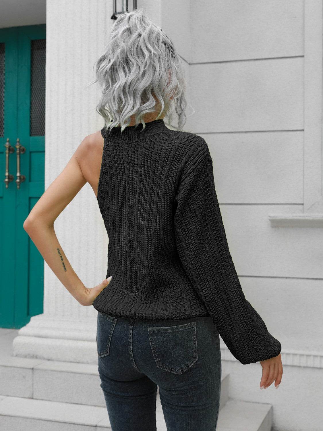 Cable-Knit Round Neck Asymmetrical Sweater - Hovatok