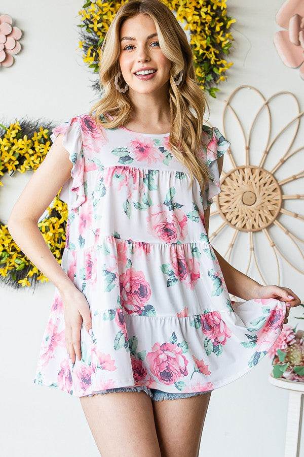 Heimish Full Size Butterfly Short Sleeve Round Neck Floral Print Tiered Top Plus Size - Hovatok