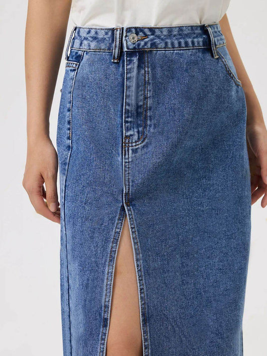 Slit Midi Denim Skirt with Pockets - Hovatok