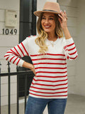 Angel Wings Round Neck Shoulder Button Striped Pullover Sweater - Hovatok