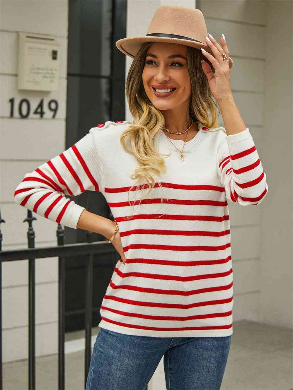 Angel Wings Round Neck Shoulder Button Striped Pullover Sweater - Hovatok