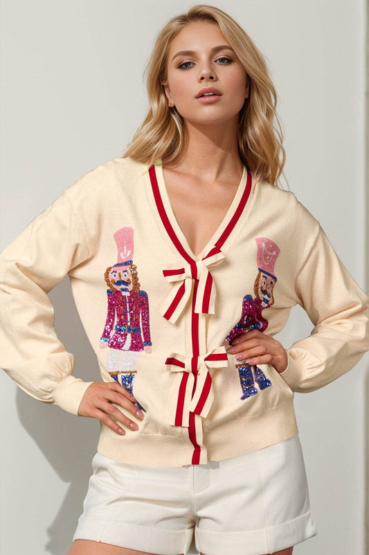 Double Take Full Size Nutcracker Sequin Bow Decor Cardigan - Hovatok