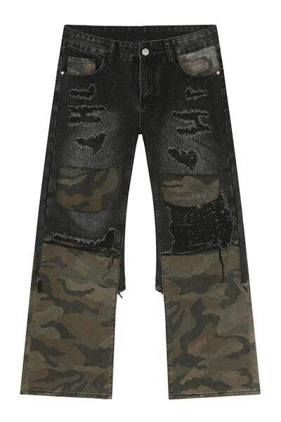 Distressed Camouflage Patchwork Jeans - Hovatok