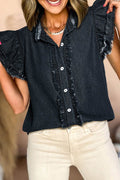 Button Down Raw Hem Ruffled Denim Shirt - Hovatok