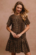 BiBi Tie Back Leopard Round Neck Short Sleeve Dress - Hovatok