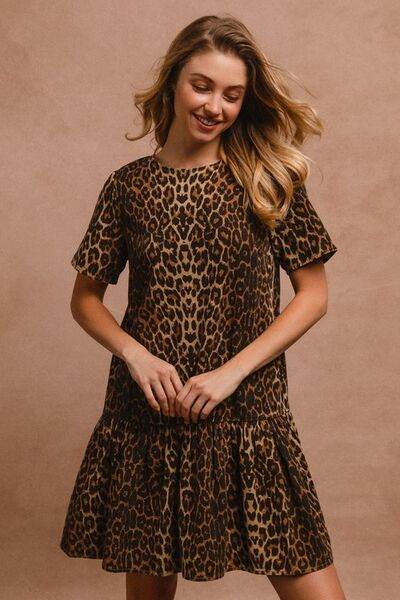 BiBi Tie Back Leopard Round Neck Short Sleeve Dress - Hovatok