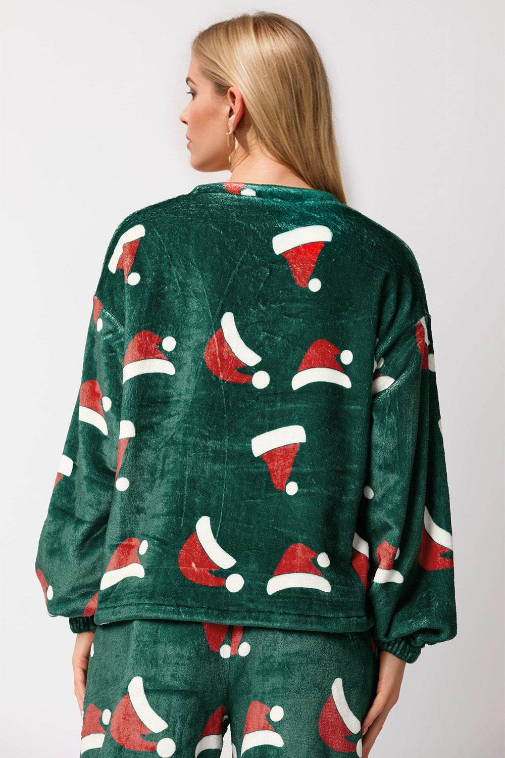 Christmas Hat Pattern Round Neck Long Sleeve Top and Pants Set - Hovatok