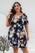 Plus Size Floral Print V-Neck Flutter Sleeve Mini Dress - Hovatok