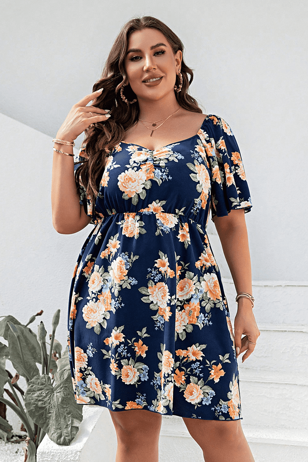 Plus Size Floral Print V-Neck Flutter Sleeve Mini Dress - Hovatok