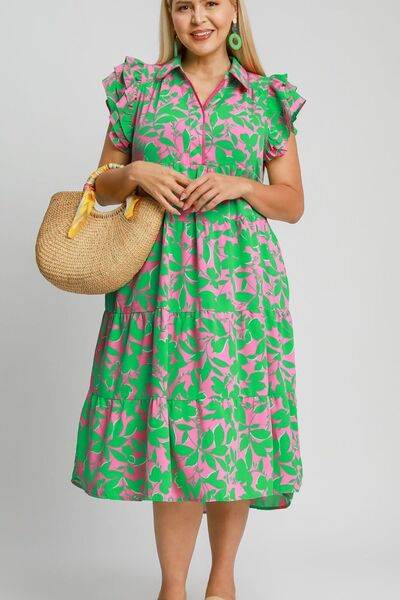 Umgee Full Size Floral Collared Ruffle Cap Sleeve Midi Dress Plus Size - Hovatok