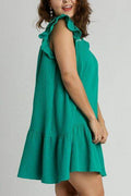 Umgee Full Size Smocked Contrast Stitching Ruffle Cap Sleeve Round Neck Dress Plus Size - Hovatok