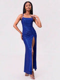Slit Sequin Square Neck Spaghetti Strap Dress - Hovatok