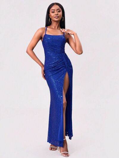 Slit Sequin Square Neck Spaghetti Strap Dress - Hovatok