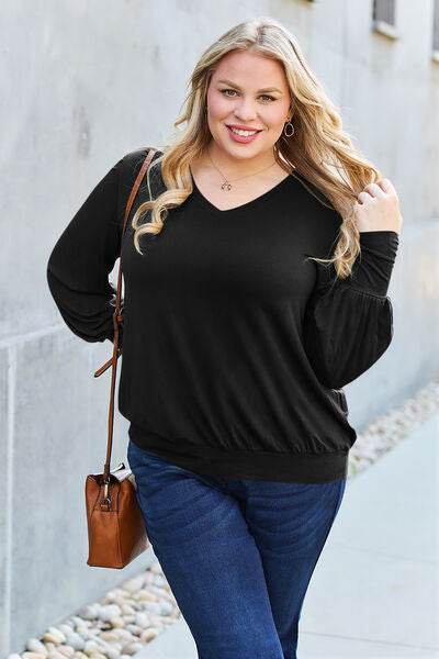 Basic Bae Full Size V-Neck Lantern Sleeve Top - Hovatok