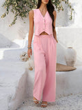 Devine Button Down Vest and Wide Leg Pants Set - Hovatok