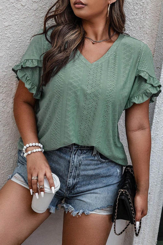Plus Size Eyelet V-Neck Petal Sleeve Blouse - Hovatok