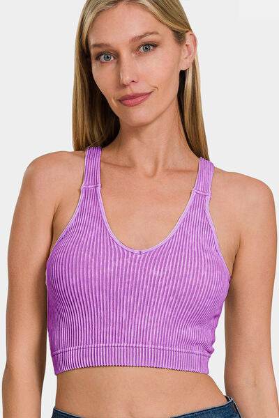 Zenana Washed Ribbed Cropped Bra Padded Tank - Hovatok