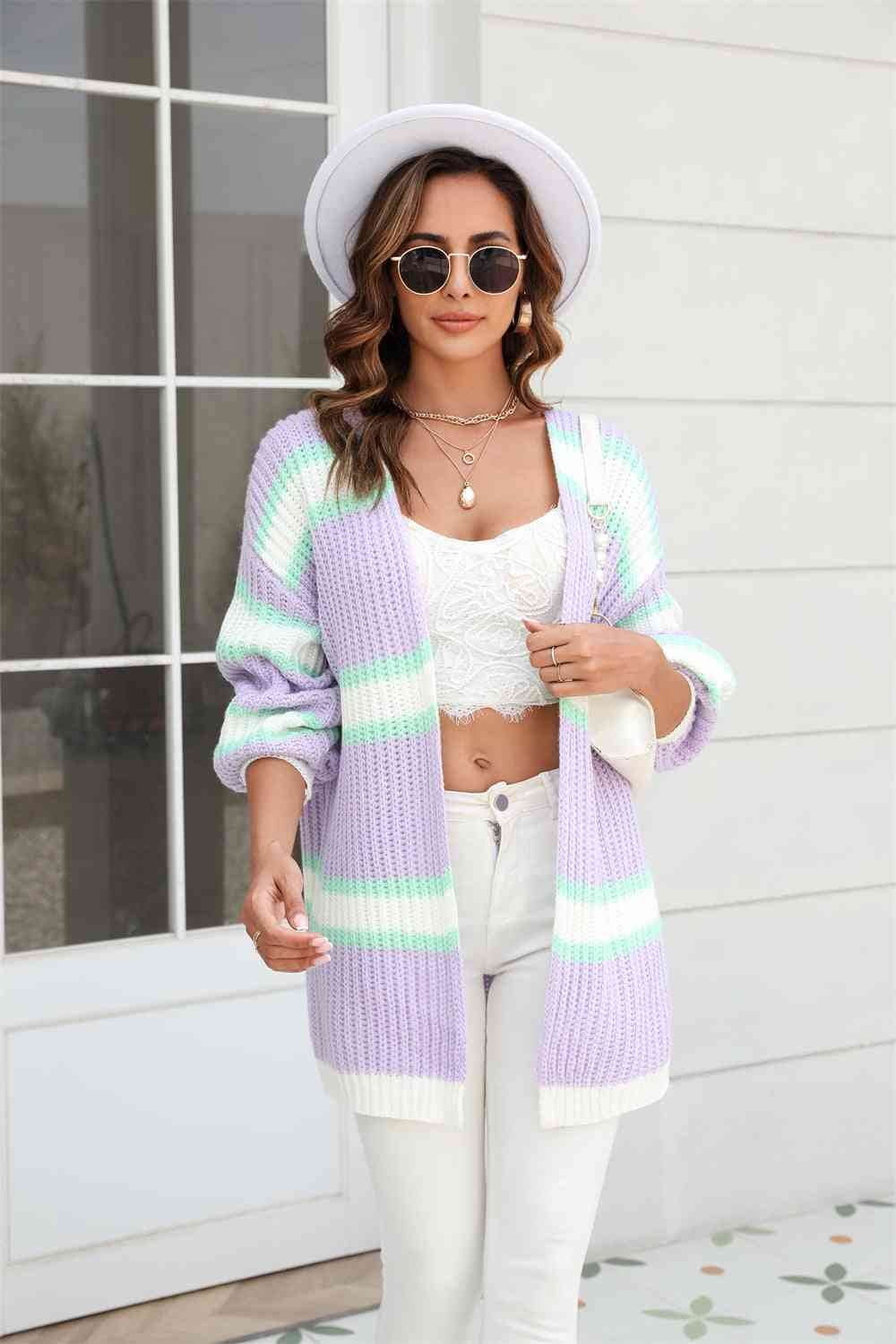 Angel Wings Color Block Ribbed Dropped Shoulder Open Front Cardigan - Hovatok
