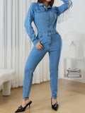 Fringe Half Button Long Sleeve Denim Jumpsuit - Hovatok