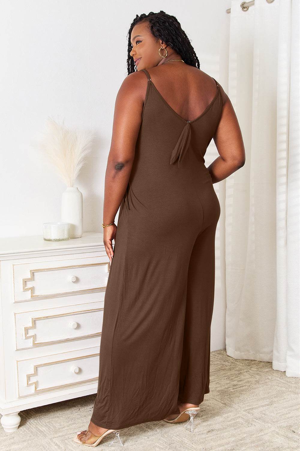 Double Take Full Size Soft Rayon Spaghetti Strap Tied Wide Leg Jumpsuit - Hovatok