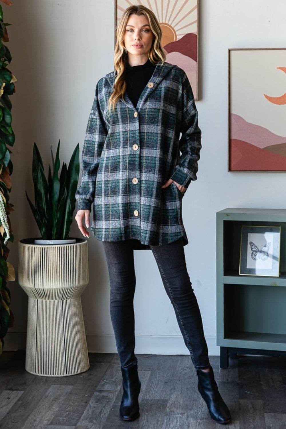 Heimish Plaid Button Down Long Sleeve Hooded Cardigan - Hovatok