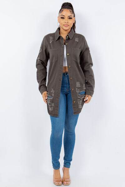 American Bazi Distressed Button Up Long Sleeve Denim Jacket - Hovatok