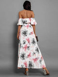 Pleated Floral Off-Shoulder Short Sleeve Midi Dress - Hovatok