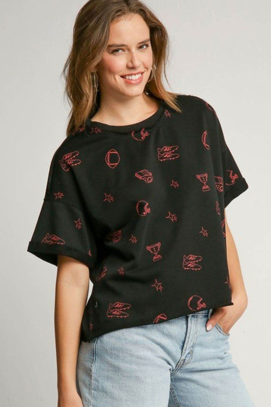 Umgee Full Size Game Day French Terry Graphic Top Plus Size - Hovatok