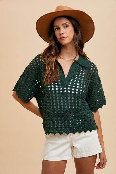 Annie Wear Openwork Johnny Collar Knit Cover Up - Hovatok