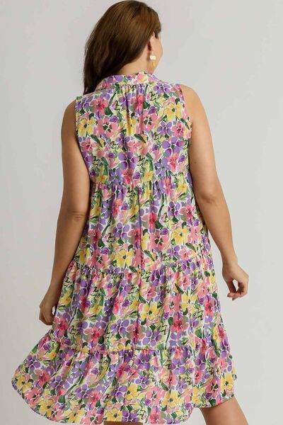 Umgee Full Size High-Low Hem Floral Sleeveless Tiered Dress Plus Size - Hovatok