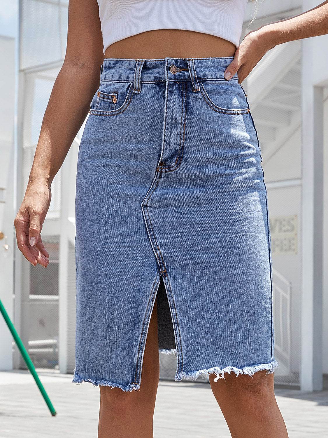 Raw Hem Slit Denim Skirt - Hovatok