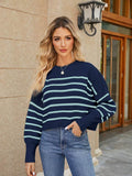 Round Neck Striped Lantern Sleeve Sweater - Hovatok