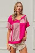 BiBi Color Block Exposed Seam Short Sleeve Hooded Top - Hovatok