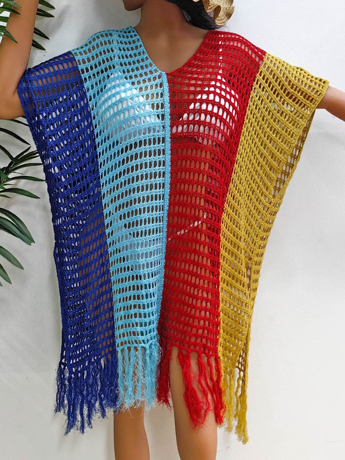 Fringe Color Block Scoop Neck Cover Up - Hovatok