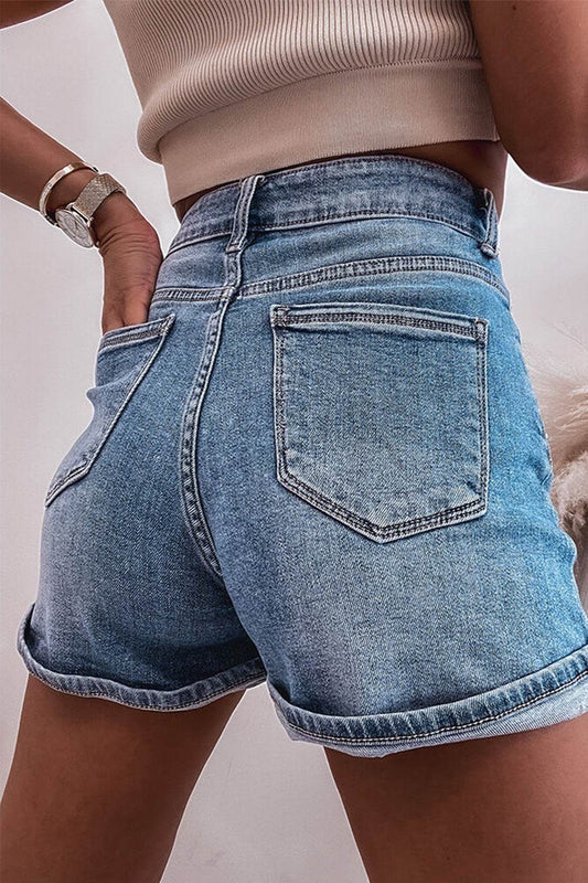 Rhinestone High Waist Denim Shorts - Hovatok