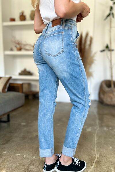 Judy Blue Full Size Distressed Straight Jeans with Patch Pockets - Hovatok
