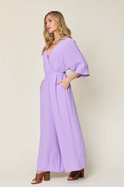 Double Take Full Size Surplice Wide Leg Jumpsuit with Pockets - Hovatok