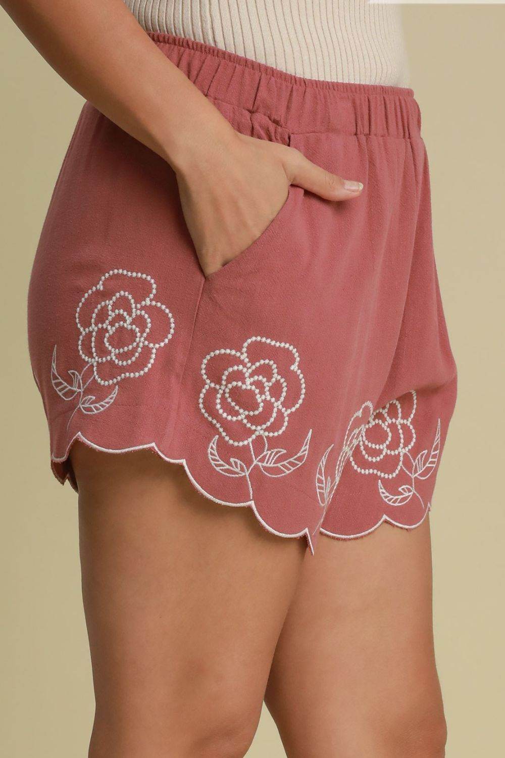 Umgee Full Size Linen Blend Shorts with Floral Embroidered Details Plus Size - Hovatok
