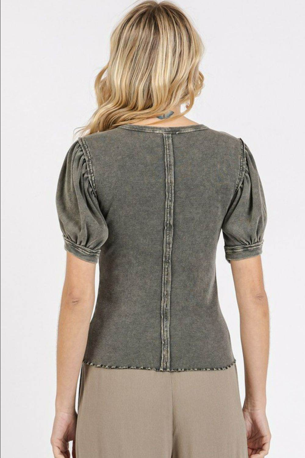 Mittoshop Mineral Wash Puff Sleeve Rib Knit Top - Hovatok