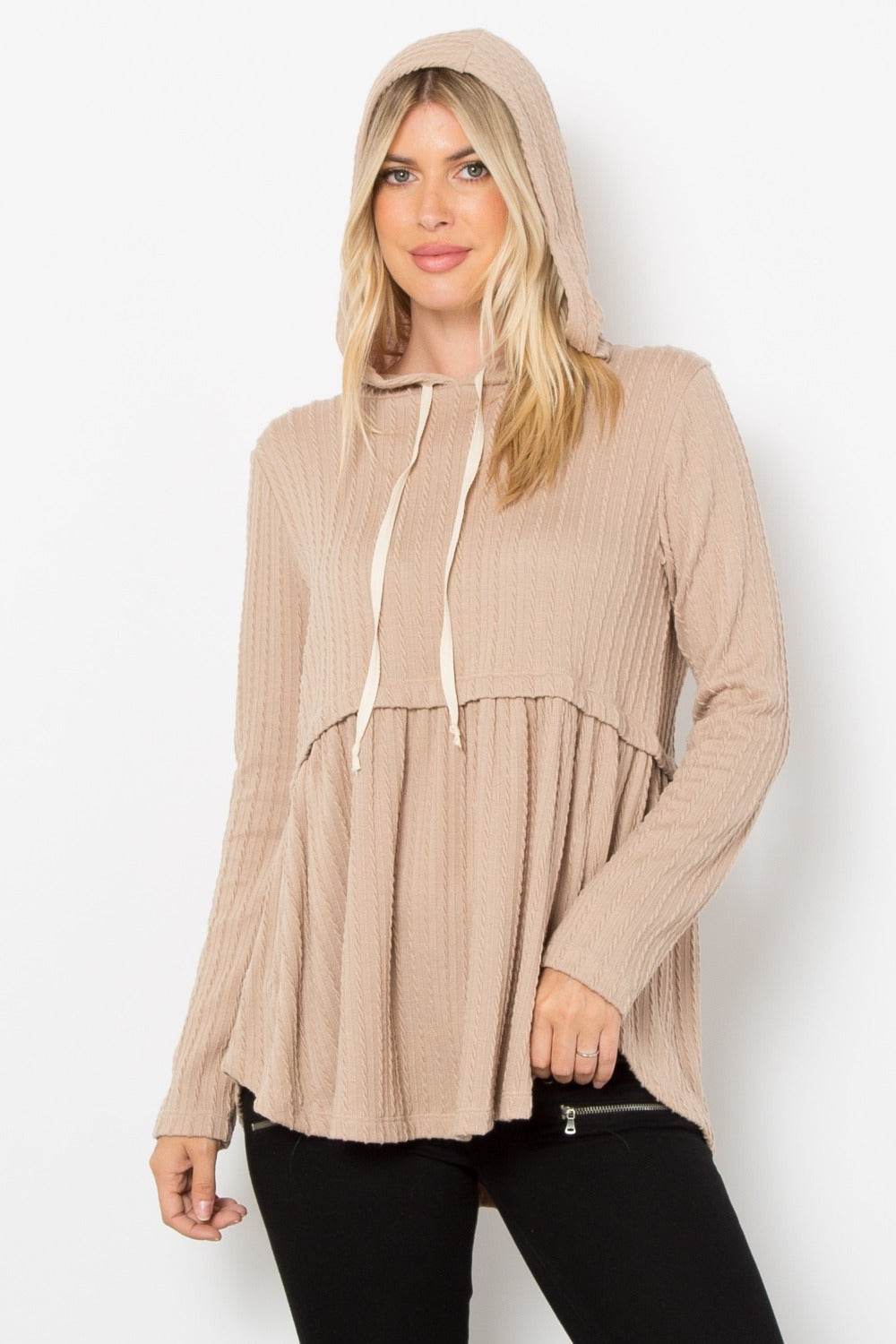 Be Stage Full Size Long Sleeve Peplum Cable Knit Hoodie - Hovatok