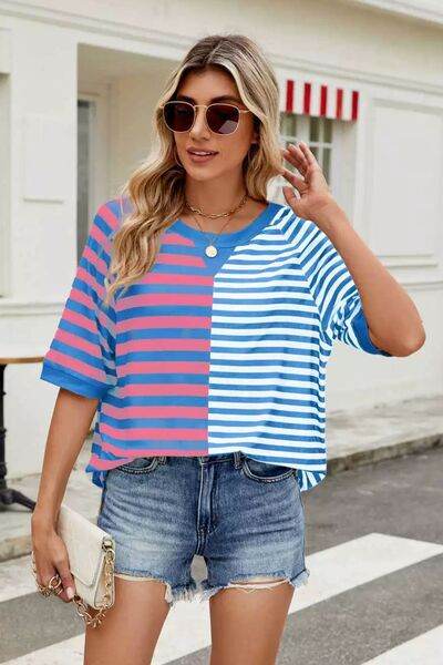 Striped Round Neck Half Sleeve T-Shirt - Hovatok