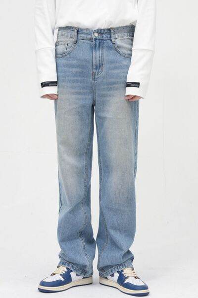 Washed Mid Rise Jeans with Pockets - Hovatok