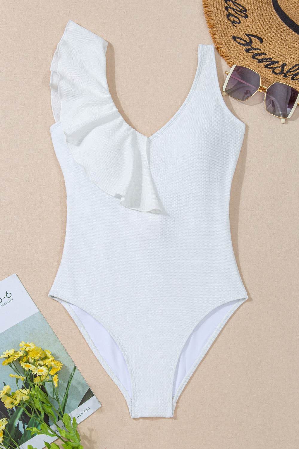 Ruffled V-Neck Wide Strap One-Piece Swimwear - Hovatok