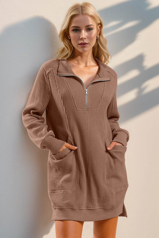 Double Take Waffle Long Sleeve Mini Dress with Pockets - Hovatok