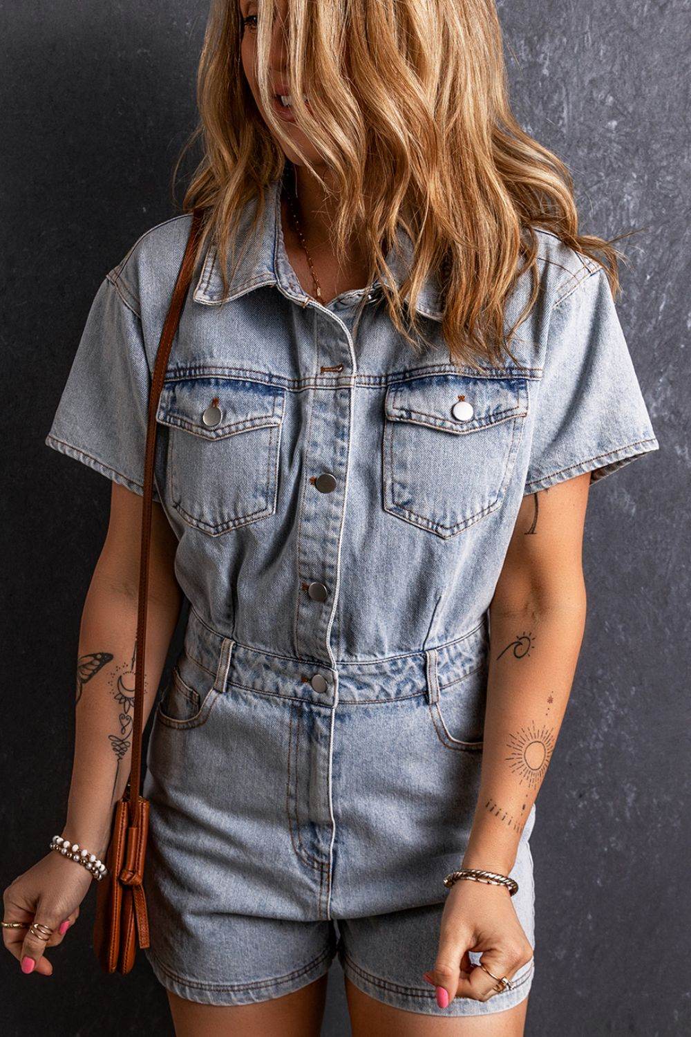 Washed Button Down Pocketed Denim Romper - Hovatok