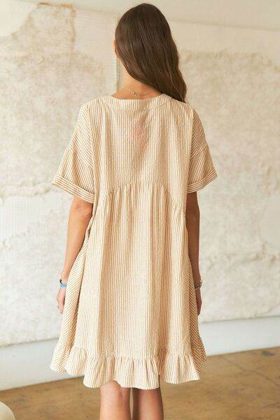 ADORA Ruffled Hem Striped V-Neck Babydoll Dress - Hovatok