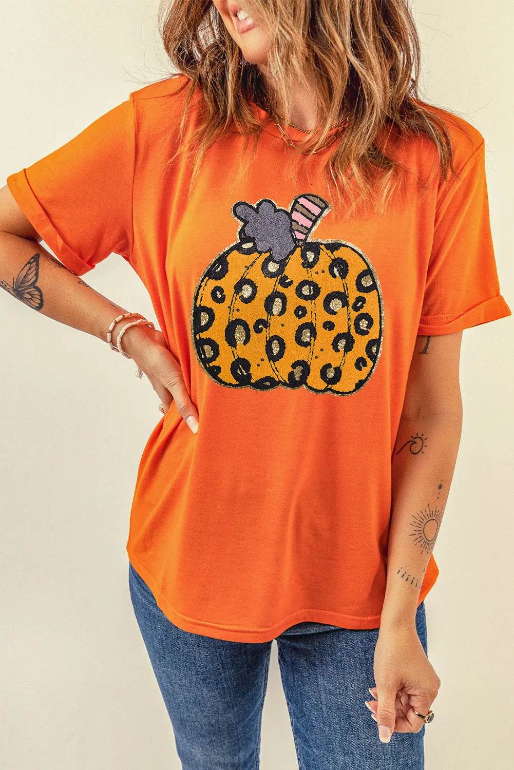 Pumpkin Round Neck Short Sleeve T-Shirt - Hovatok