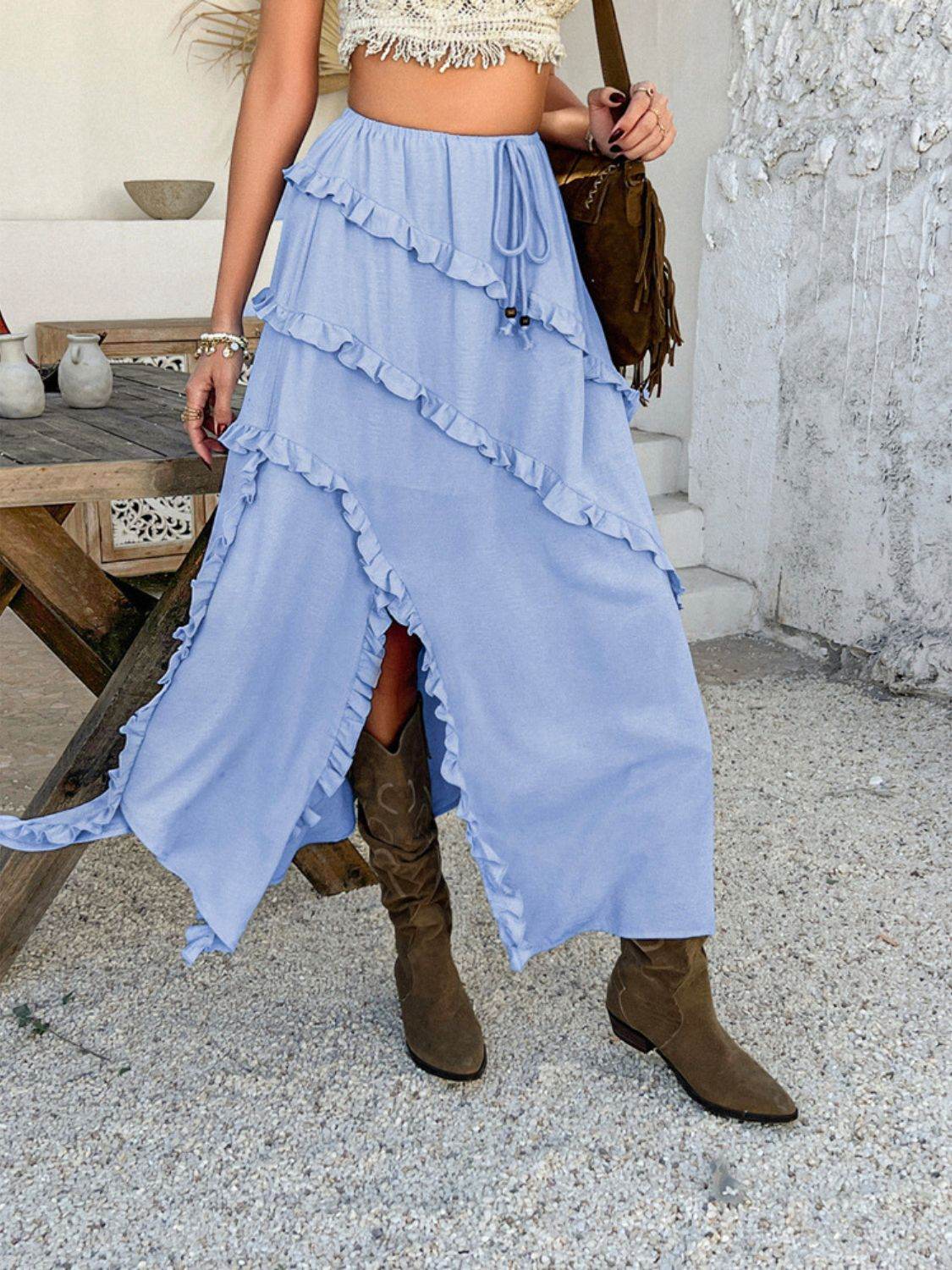 Devine Slit Drawstring Ruffled Skirt - Hovatok