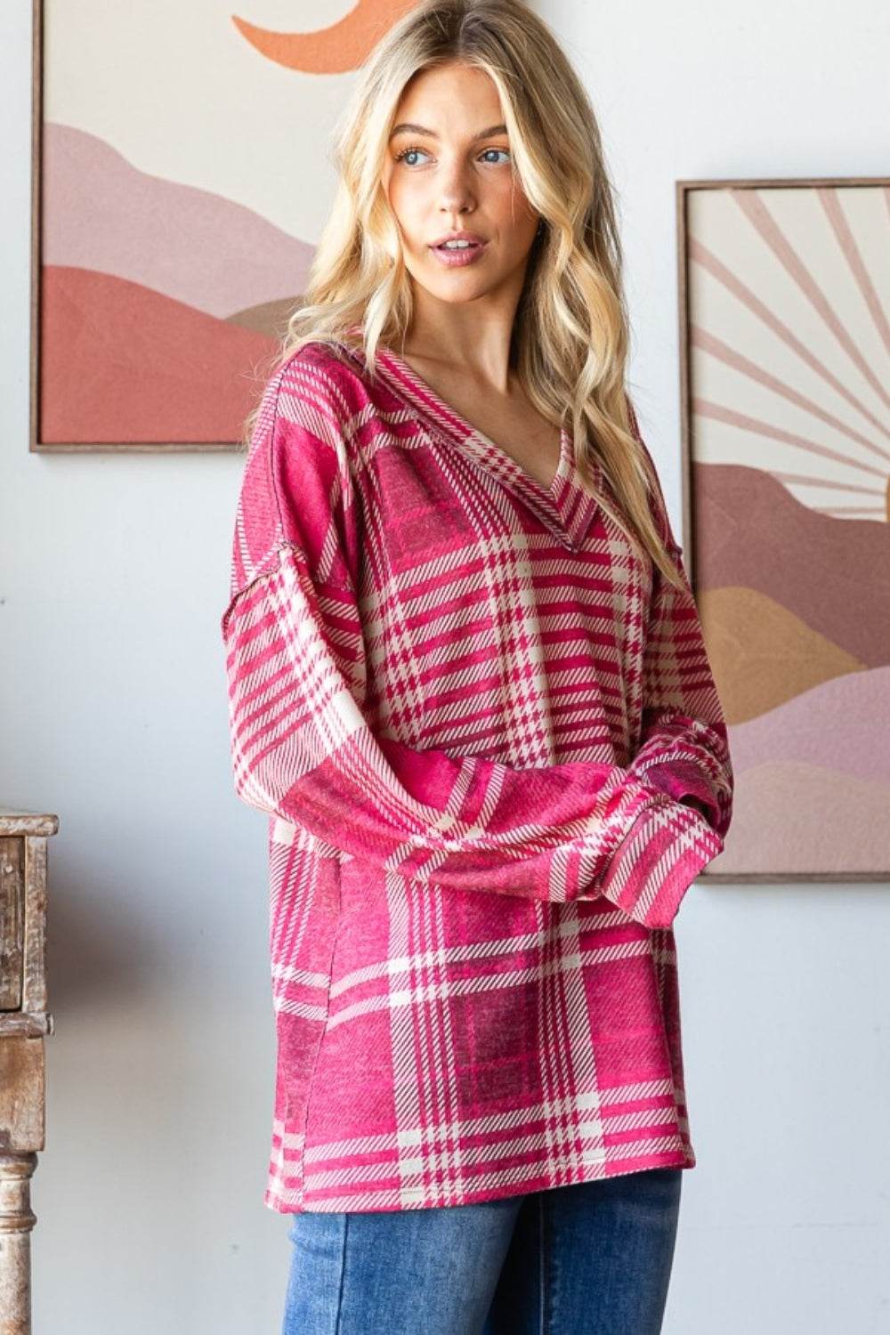 Heimish Plaid Drop Shoulder V-Neck T-Shirt - Hovatok