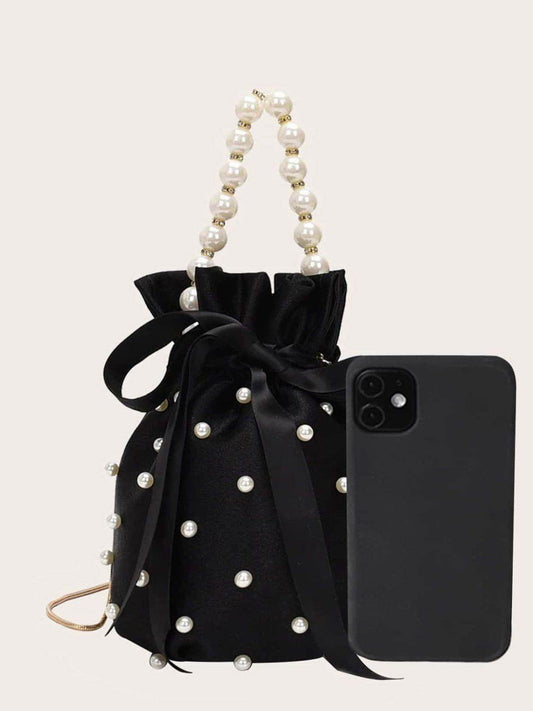 Pearl Detail Solid Color Bucket Bag - Hovatok